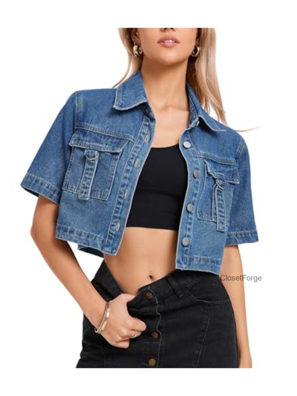 Short Sleeve Denim Jacket Button Down Cropped Jean Jacket Flap Pockets